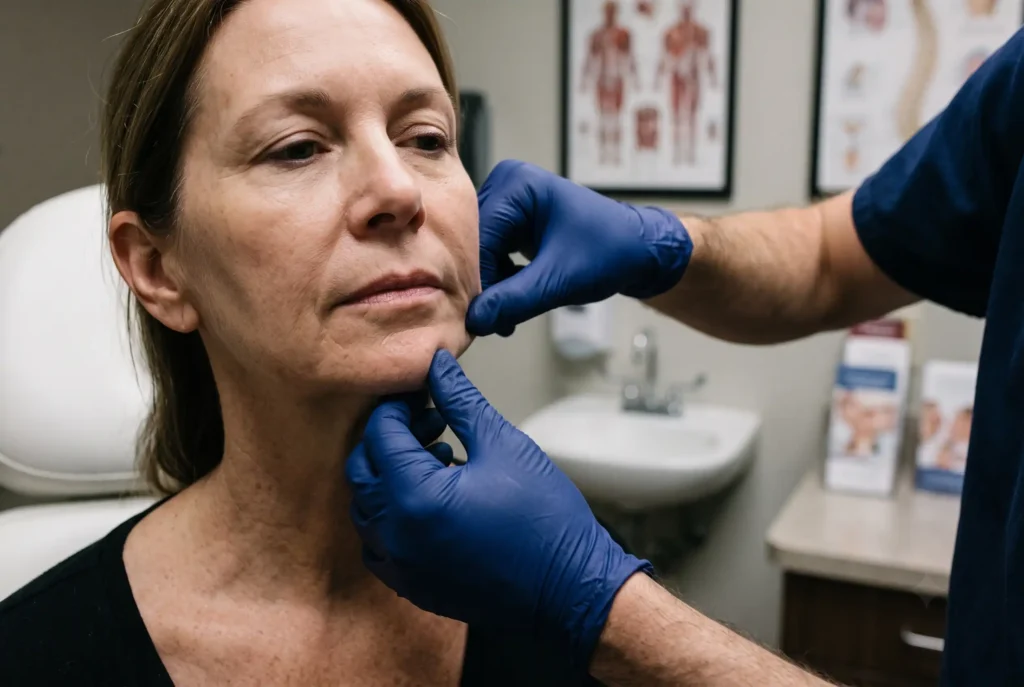 Surgeon checking skin laxity to judge if PDO threads suit the patient