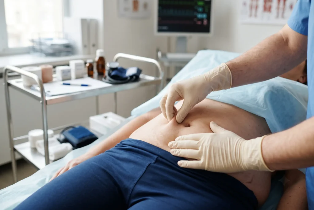 Surgeon doing a skin pinch test to check HD liposuction candidacy