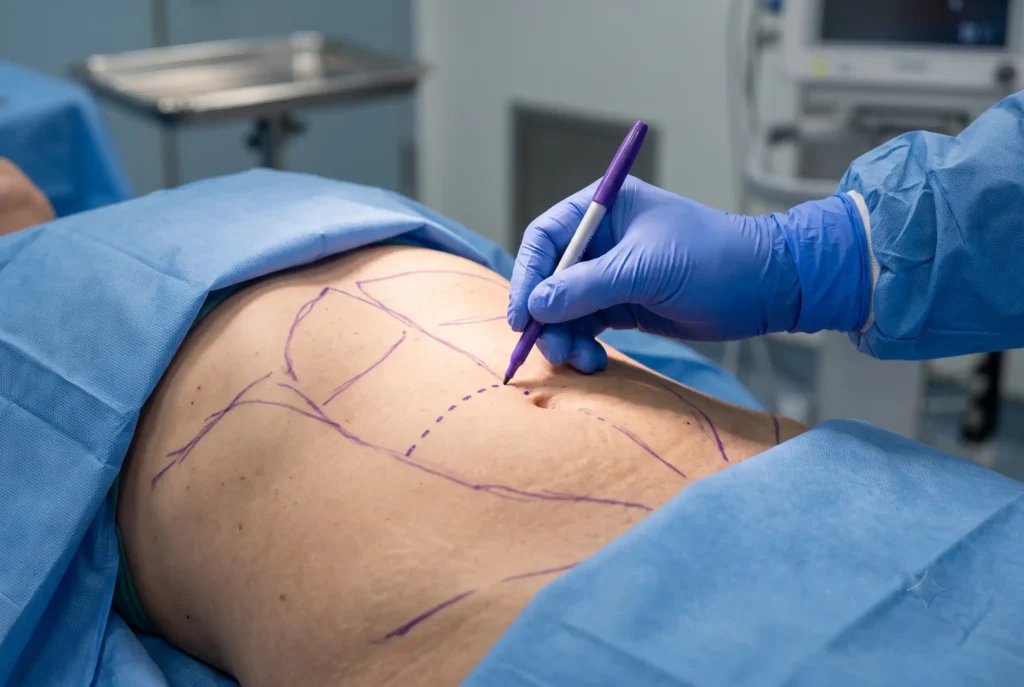 Surgeon marking contour lines before high-definition liposuction on the abdomen