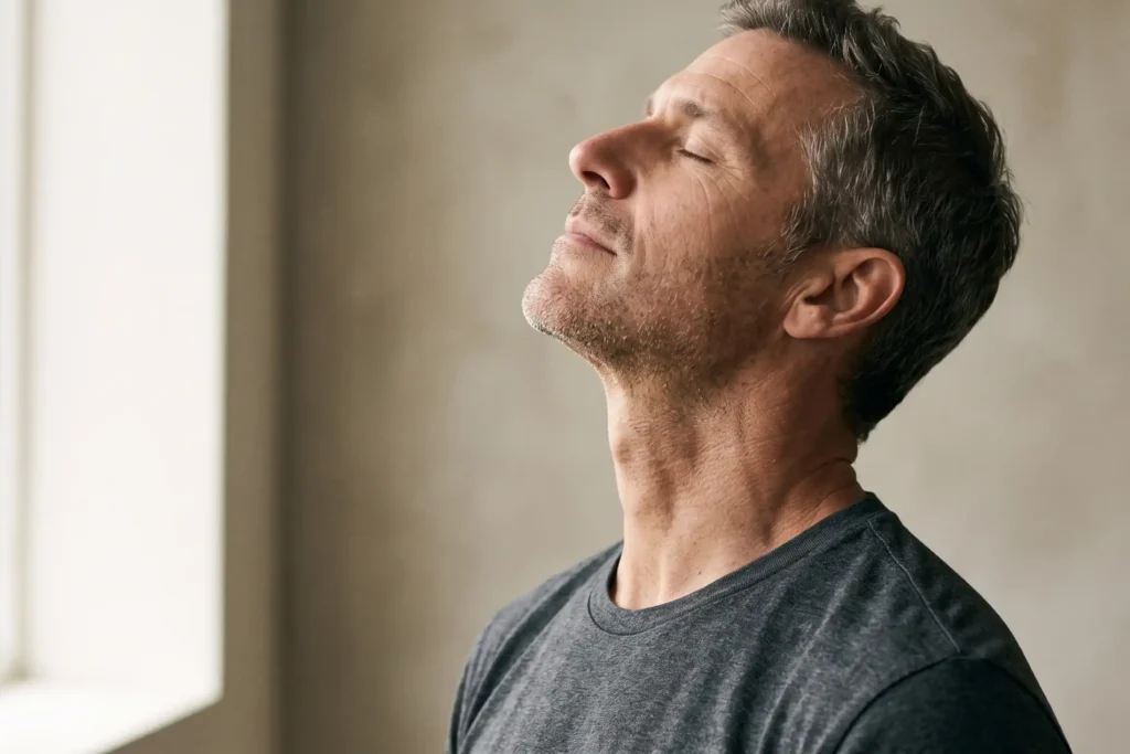 Adult showing the neck and jawline while considering how to tighten loose neck skin