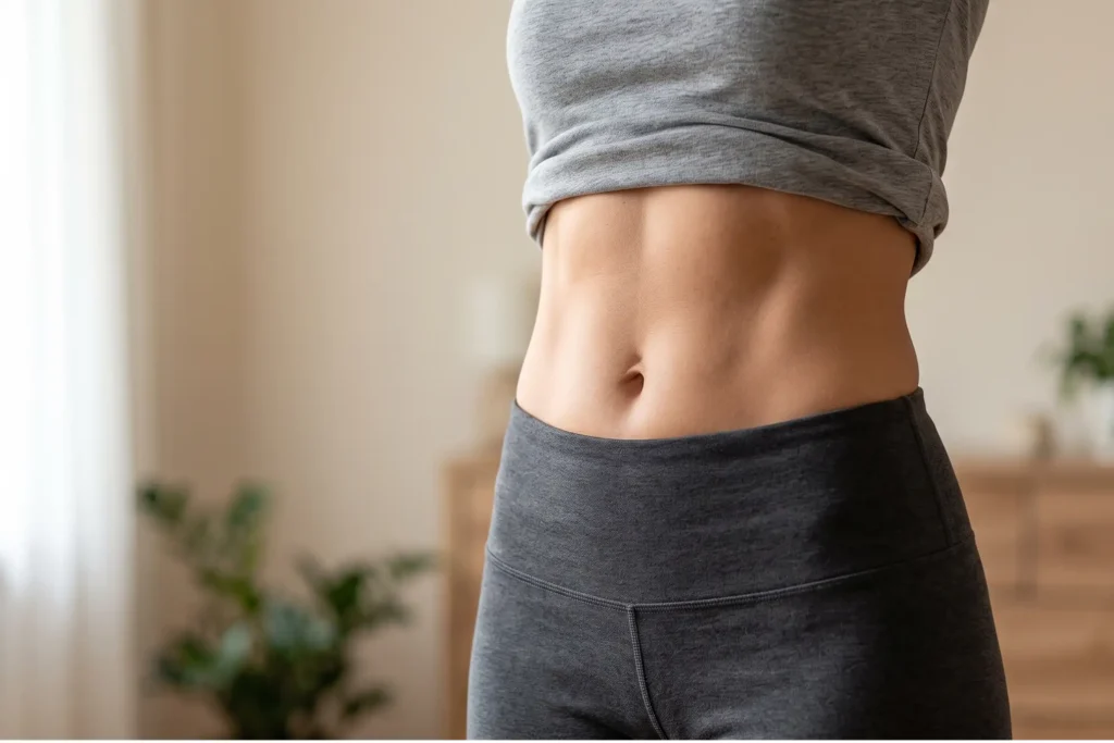 Toned adult midsection in warm natural light, tummy tuck in NOak Park, FL
