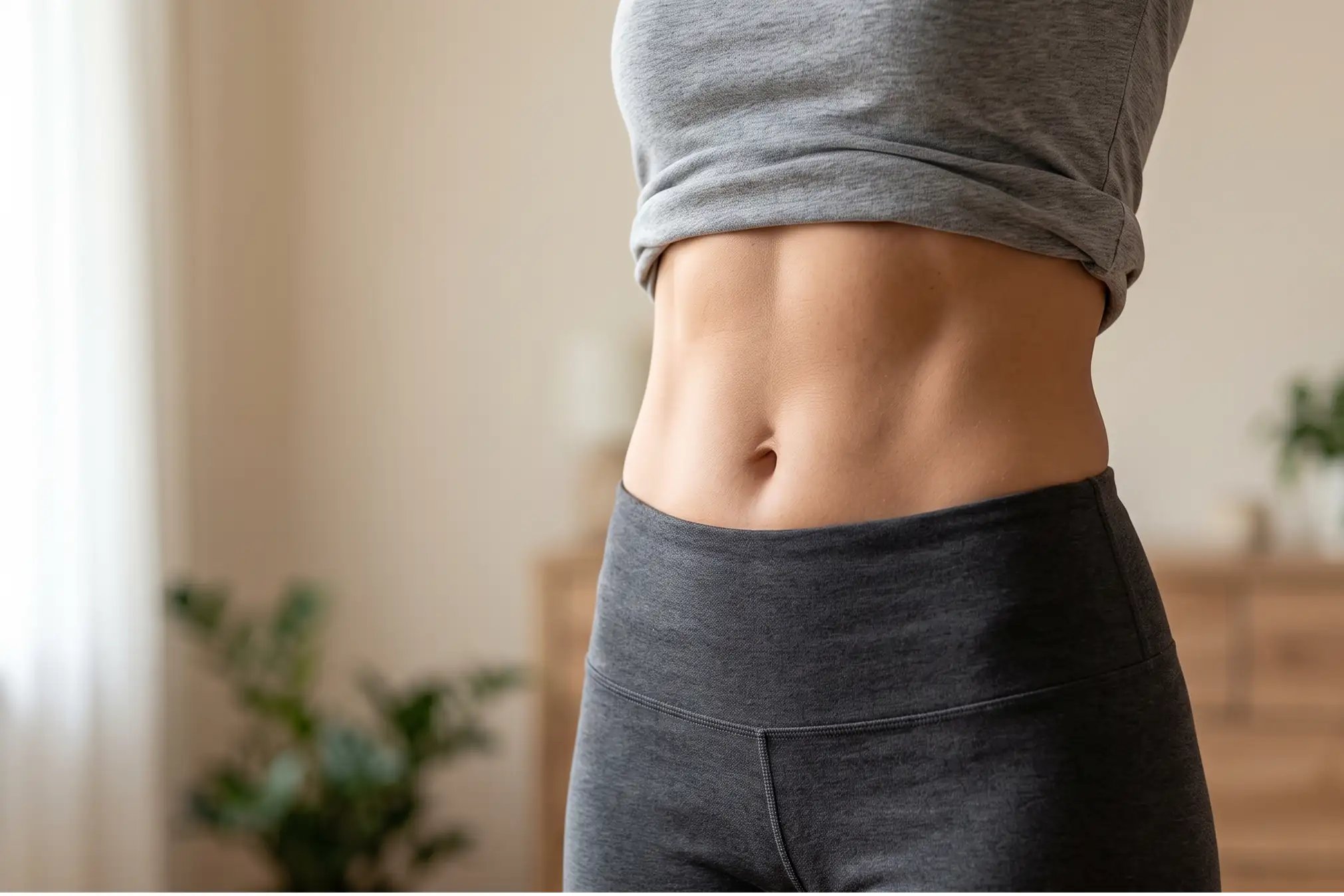 Toned adult midsection in warm natural light, tummy tuck in NOak Park, FL