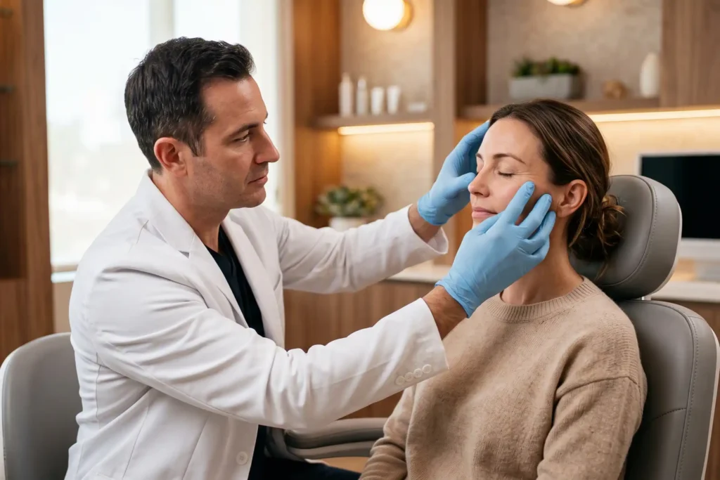 Physician assessing a patient's eye area to check Botox around the eyes candidacy