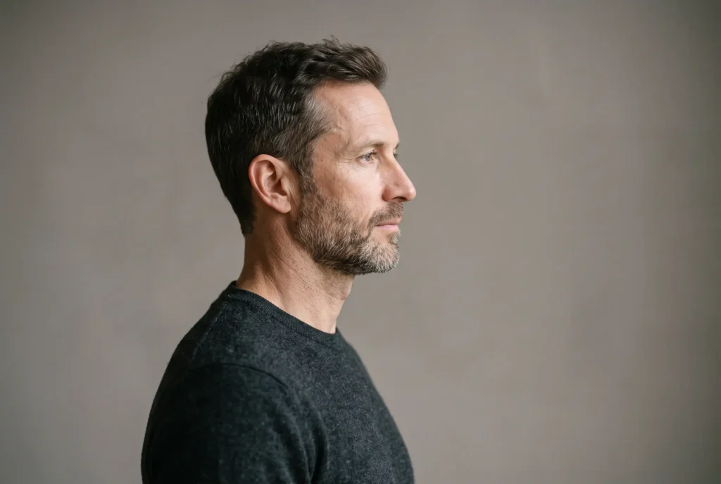 Bearded man in profile showing soft jawline before neck liposuction for men