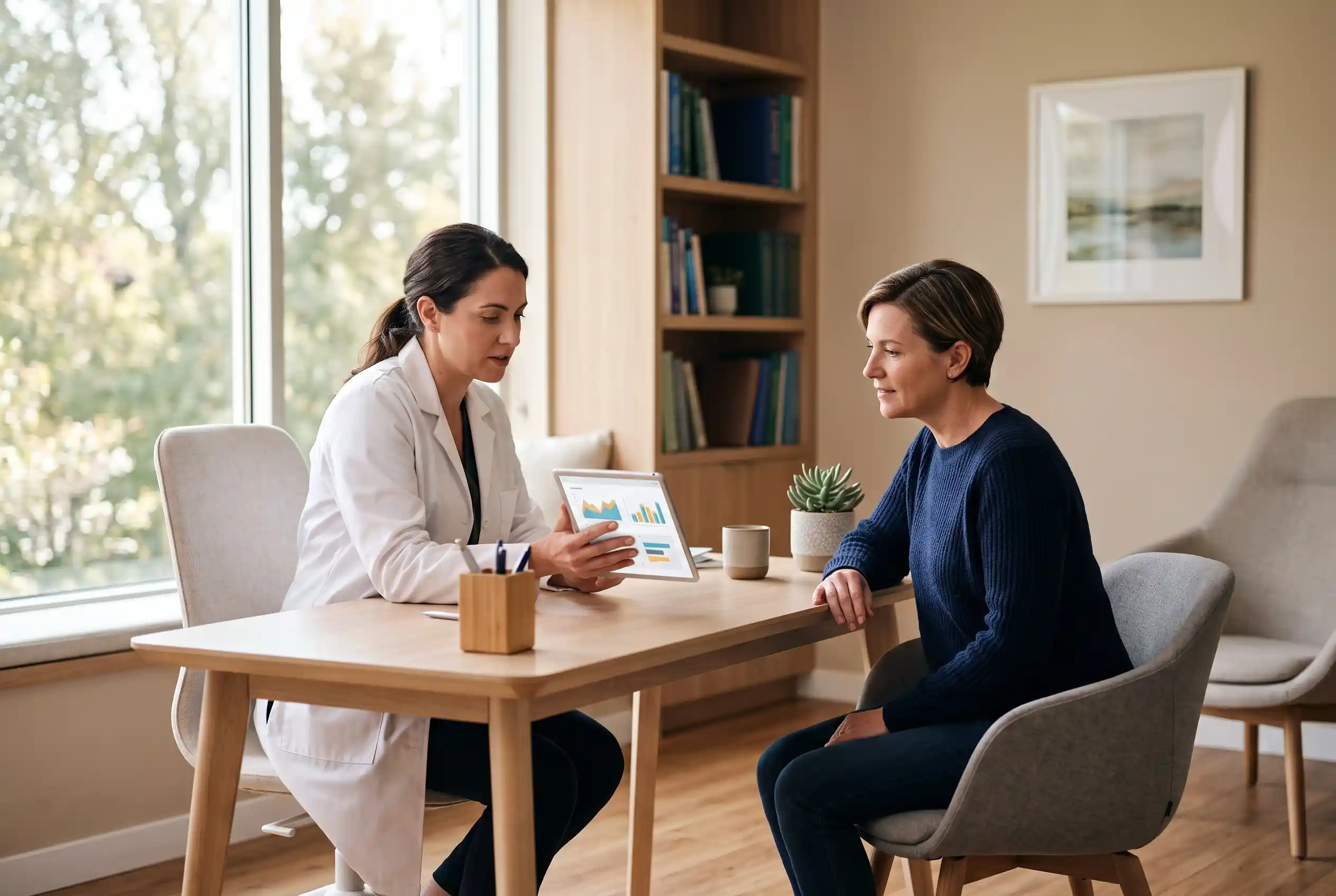 Clinician reviewing lab results with a patient before starting peptide injections in Tampa