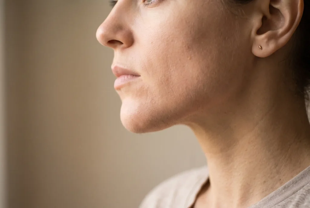 Close-up of a defined jaw and chin angle after neck and jawline contouring in Tampa