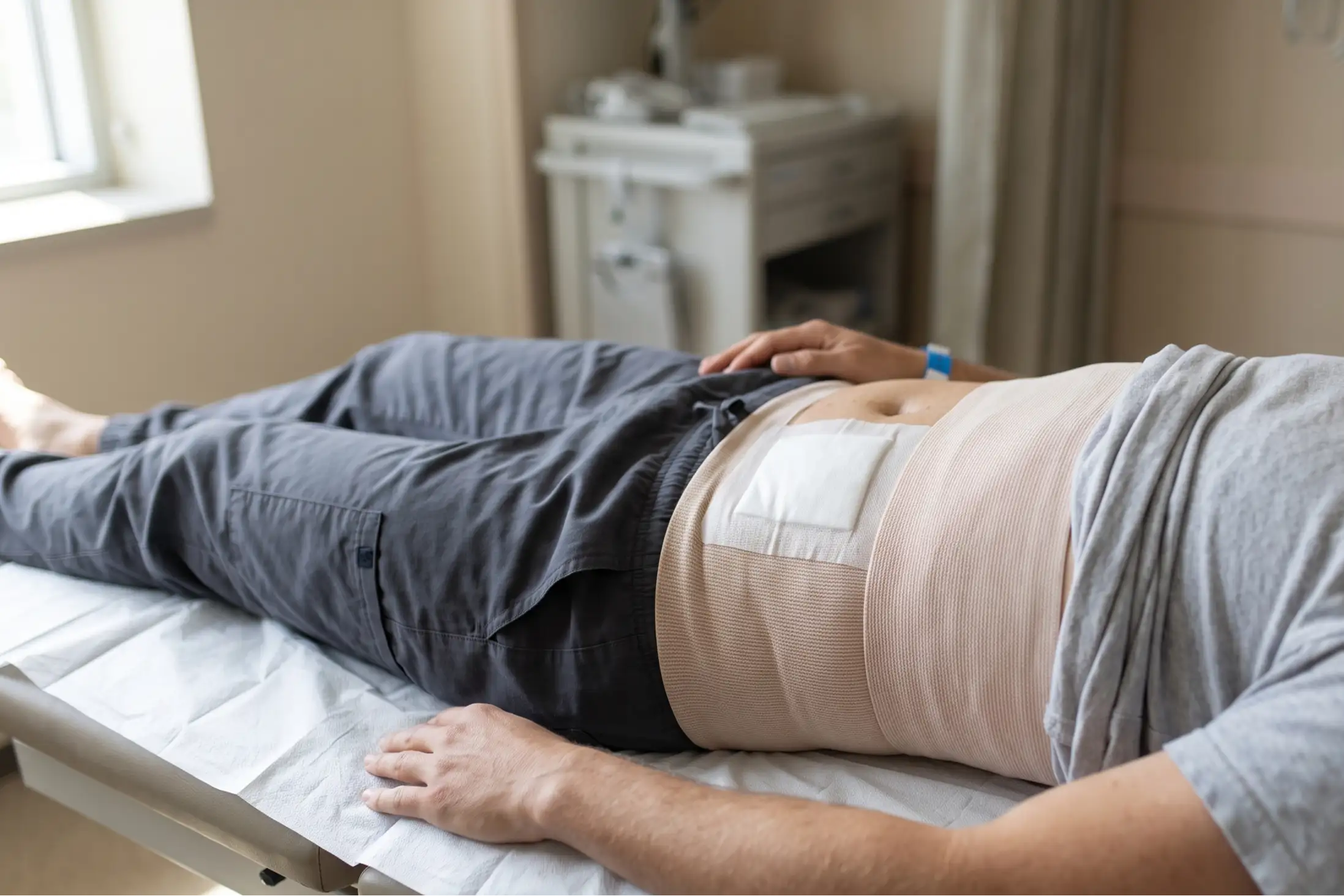 Dressed tummy tuck incision under a compression garment during early healing