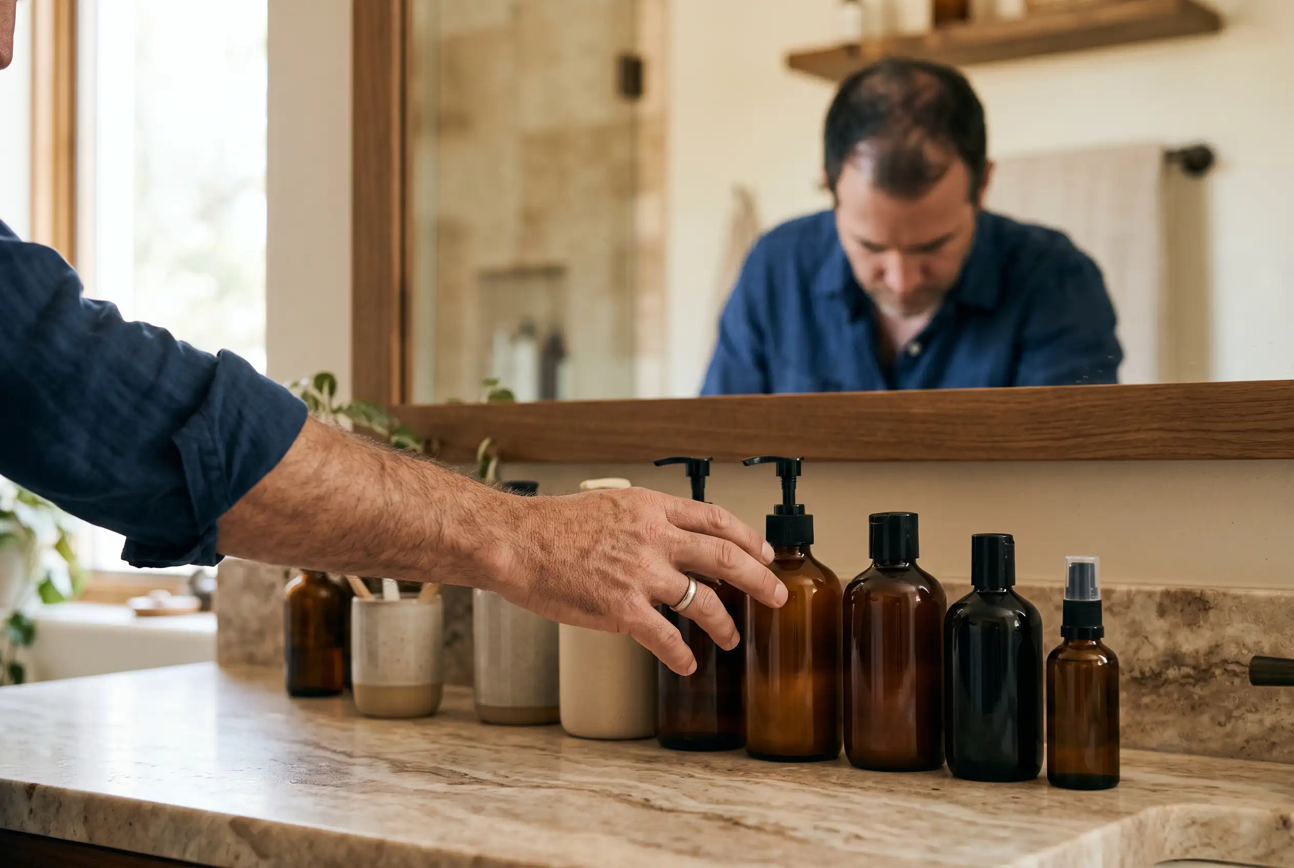 Man deciding on hair products after PRP treatment at a bathroom counter