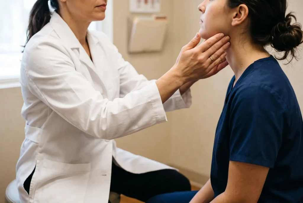 Physician performing a manual jawline anatomy assessment before recommending filler