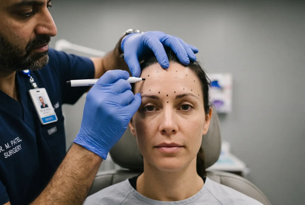 Surgeon mapping injection points on a forehead before Botox treatment in Tampa