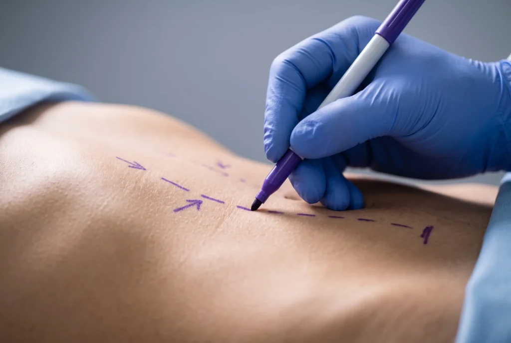 Surgical planning marks drawn before high definition liposuction body contouring in Tampa