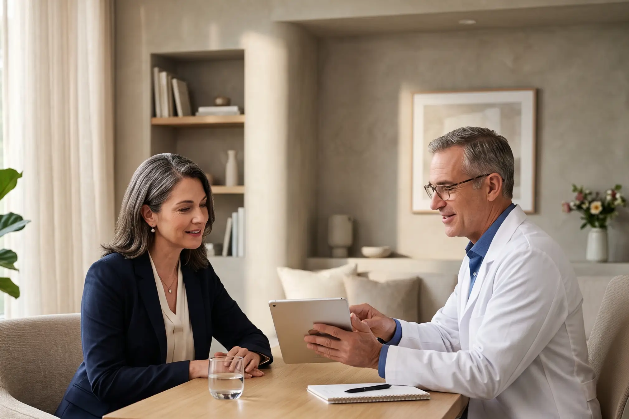Woman in a Tampa consultation reviewing non-surgical facelift options with an aesthetic surgeon