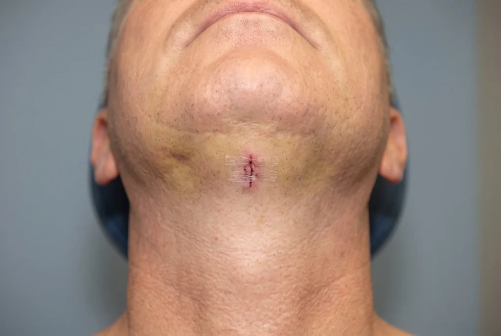 Close-up of chin and neck swelling two days after neck lipo surgery