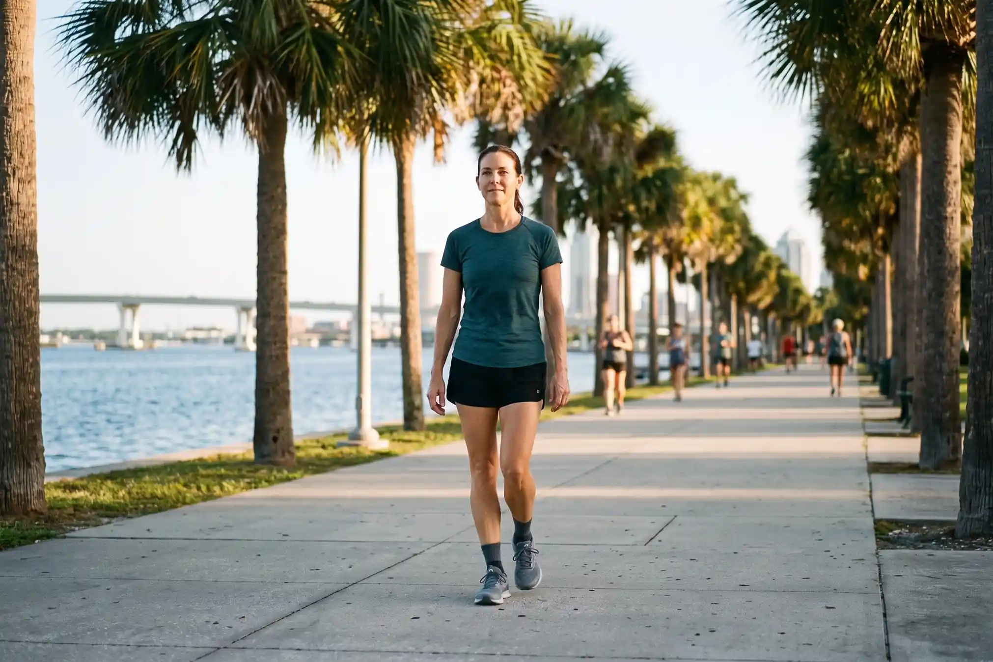 Active adult walking outdoors in Tampa, showing the lifestyle behind peptide fat loss results