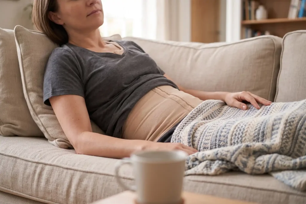 Adult resting at home in a compression garment during liposuction recovery in Tampa