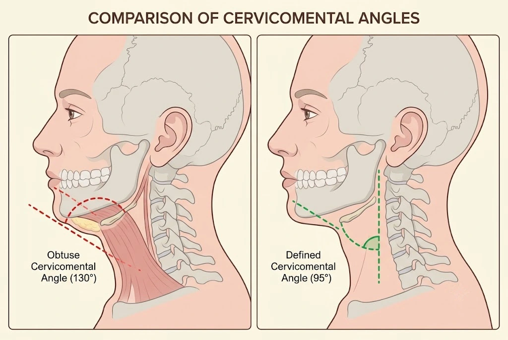 Diagram comparing an obtuse and a defined cervicomental angle for neck contouring