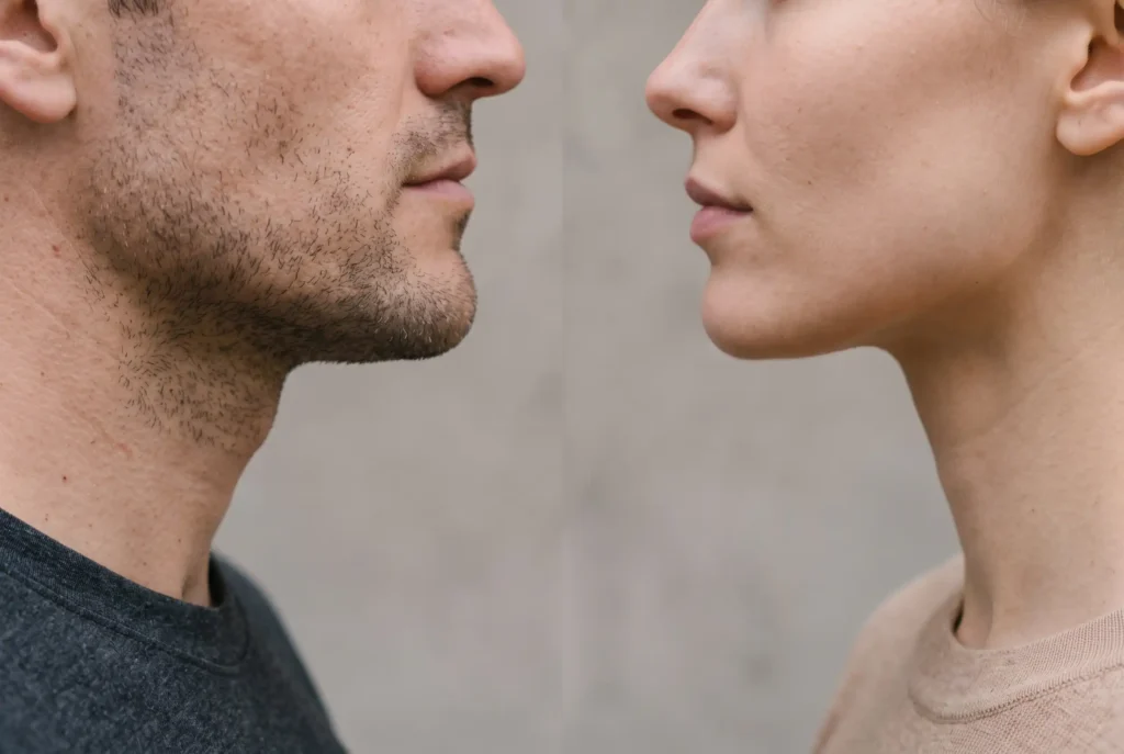 Comparison of a defined male and female jawline after filler
