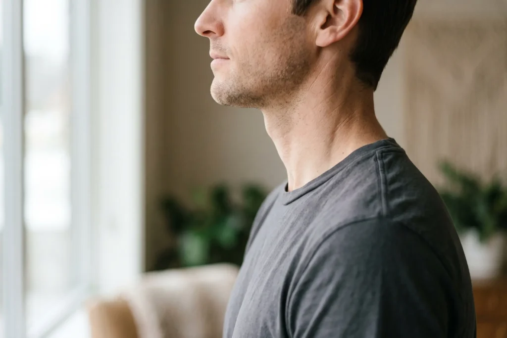 Defined male jawline in profile after neck liposuction in Northeast Community, Tampa