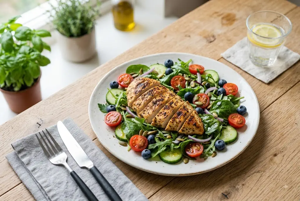 Balanced protein and vegetable plate that supports liposuction recovery