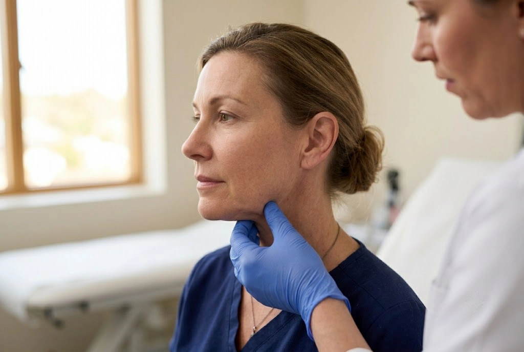 Pinch test on the jawline to assess skin laxity before FaceTite or Endolift