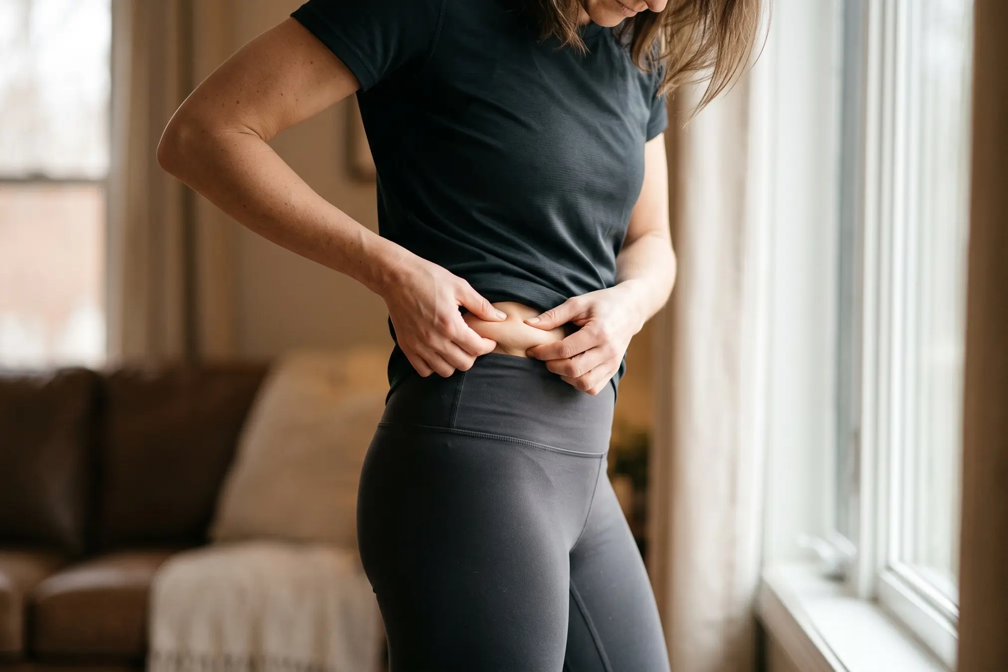 Fit adult pinching a small waist fat pocket while considering liposuction candidacy