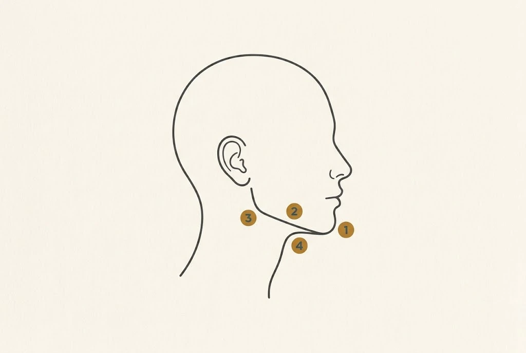 Four-Corner Jawline Read showing chin, border, gonial angle and submental assessment points