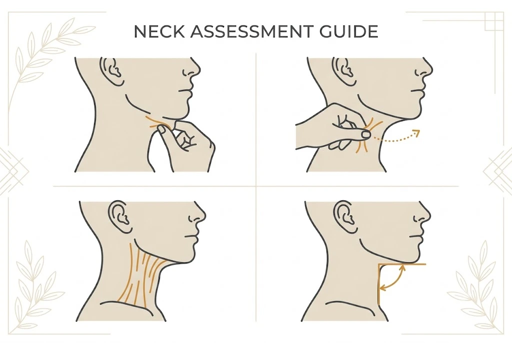 Four-Signal Neck And Jawline Fit Check diagram: pinch, snapback, band, and angle tests