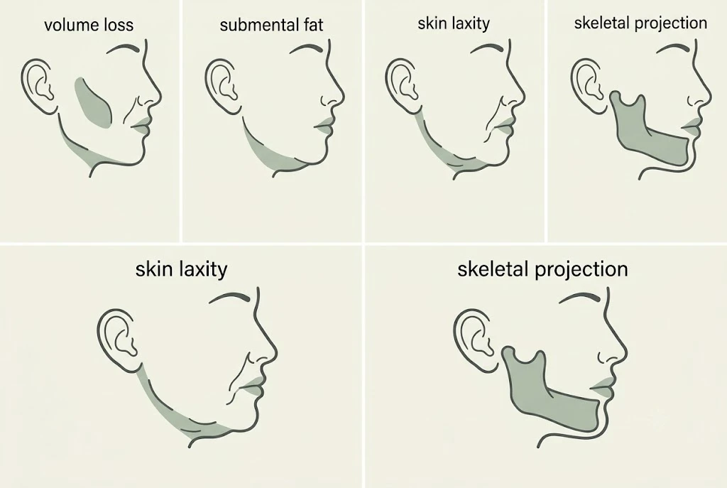 Four-Source Jawline Check comparing volume loss, fat, laxity and bone structure