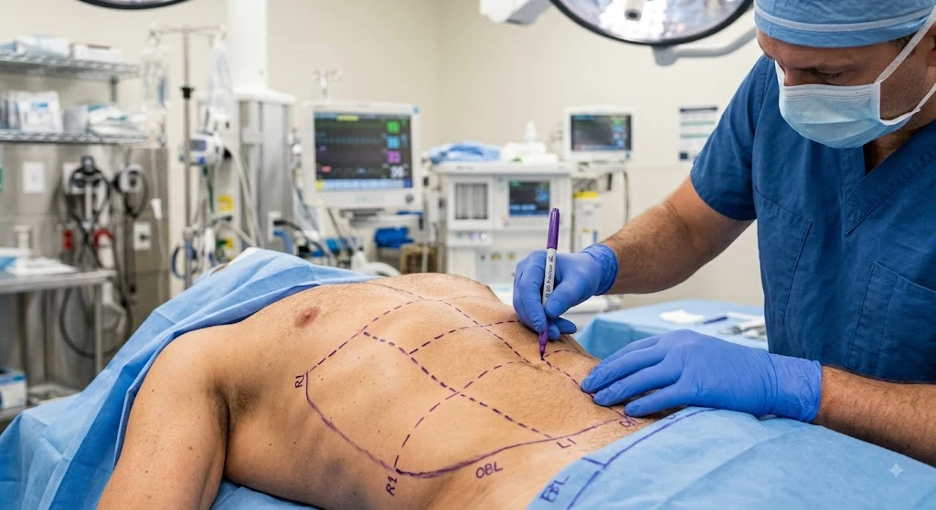 Surgeon marking abdominal contour lines before HD liposuction for fine contouring
