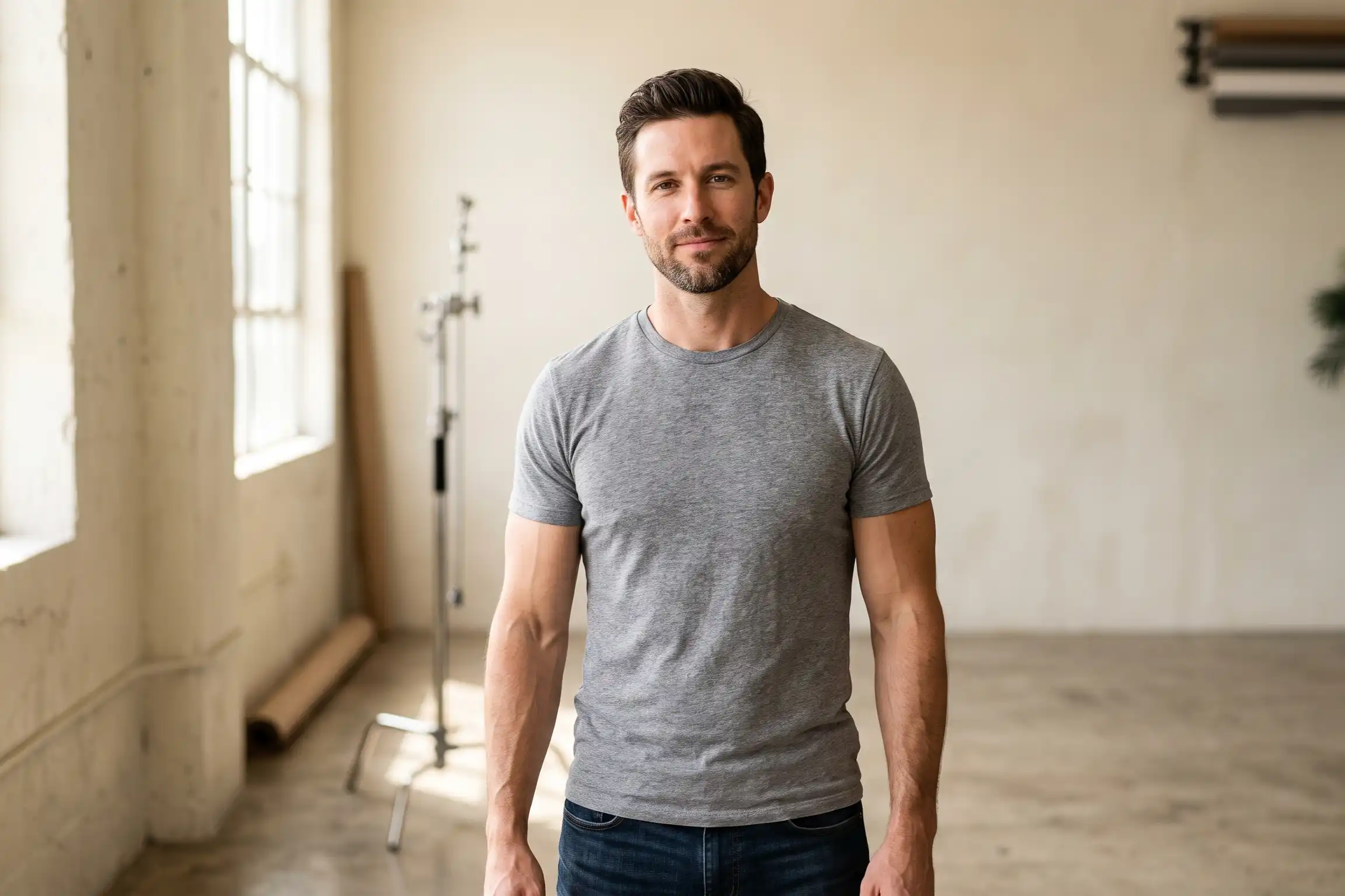 Fit man showing natural arm definition after HD liposuction for arms