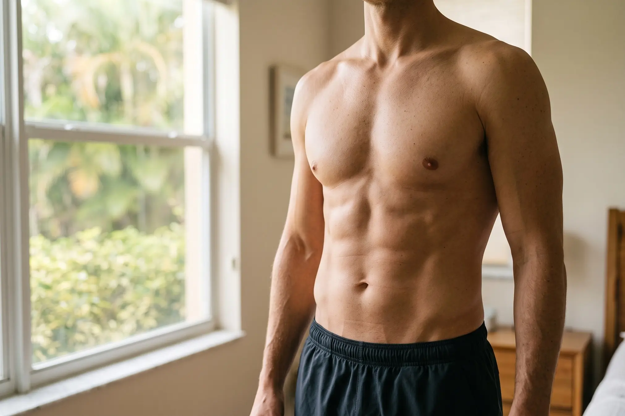 HD liposuction result on a lean athletic male torso in natural Tampa light