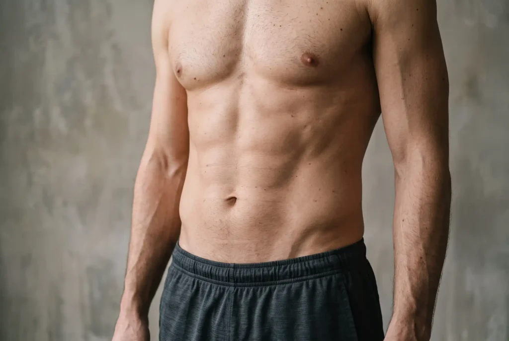 Natural athletic torso showing an HD liposuction result at six months