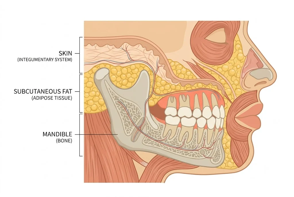 Three anatomical layers that determine jawline definition, bone, fat, and skin
