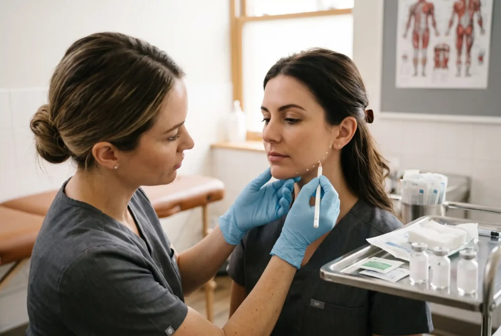 Clinician mapping the jaw before jawline filler