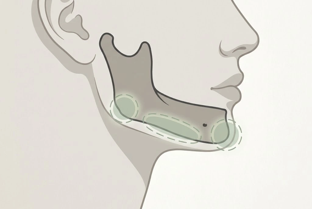 Jawline filler placement zones along the mandible, jaw angle and chin