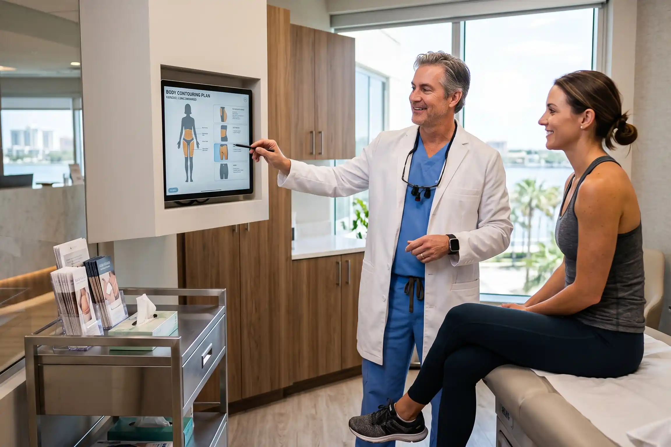 Tampa surgeon discussing liposuction blood clot risk during a consultation