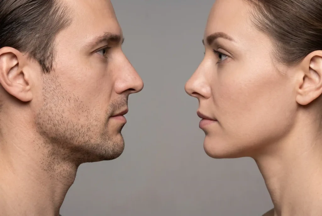 Male and female jawline profiles showing different filler width thresholds