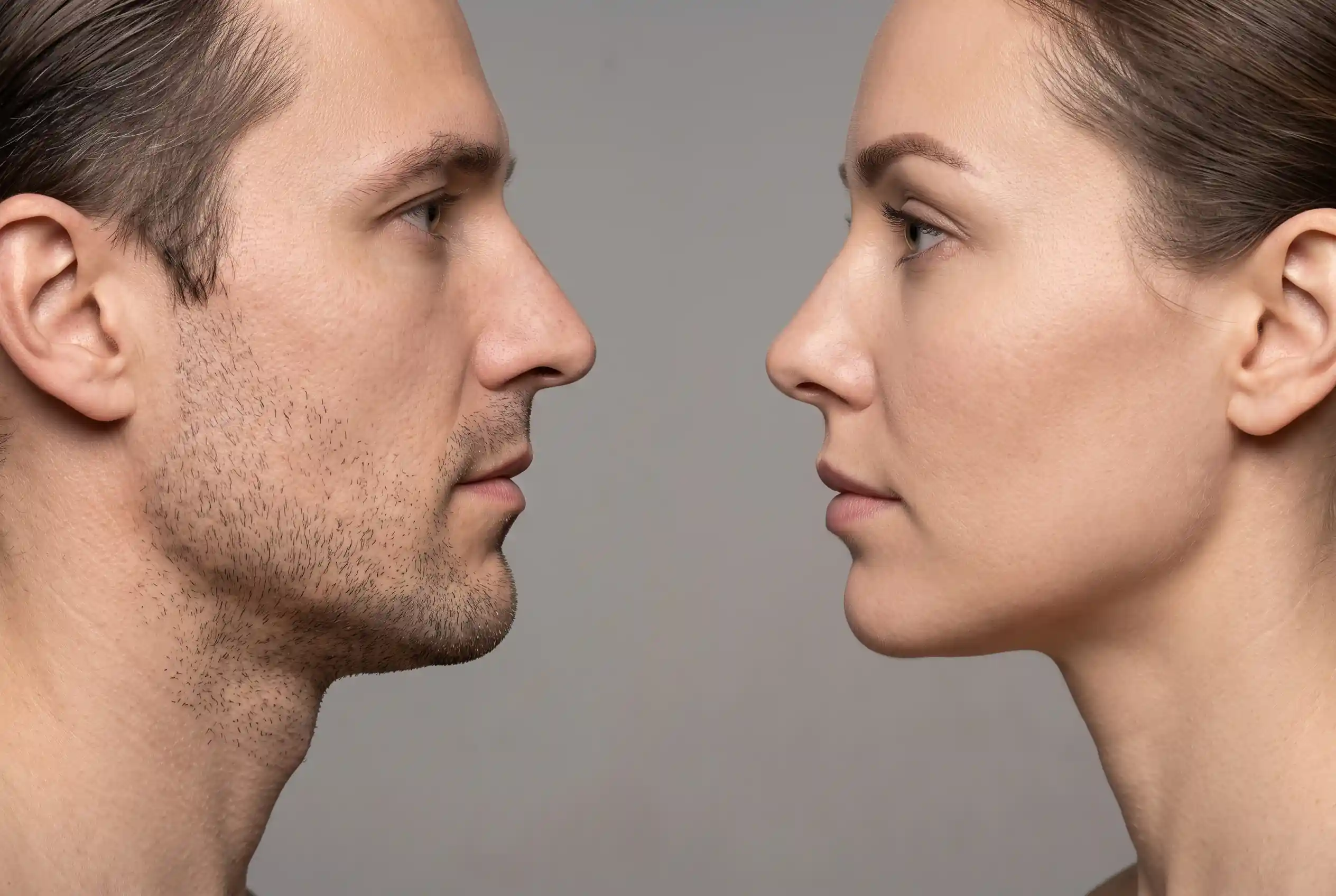 Male and female jawline profiles showing different filler width thresholds