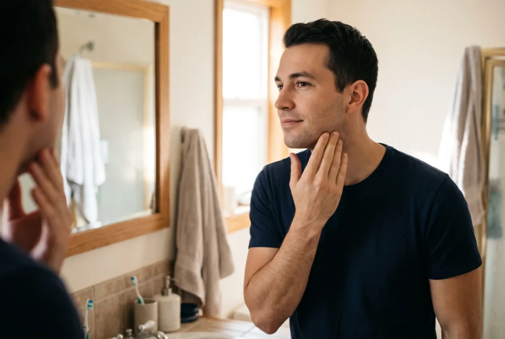 Man checking his jawline filler results months after treatment
