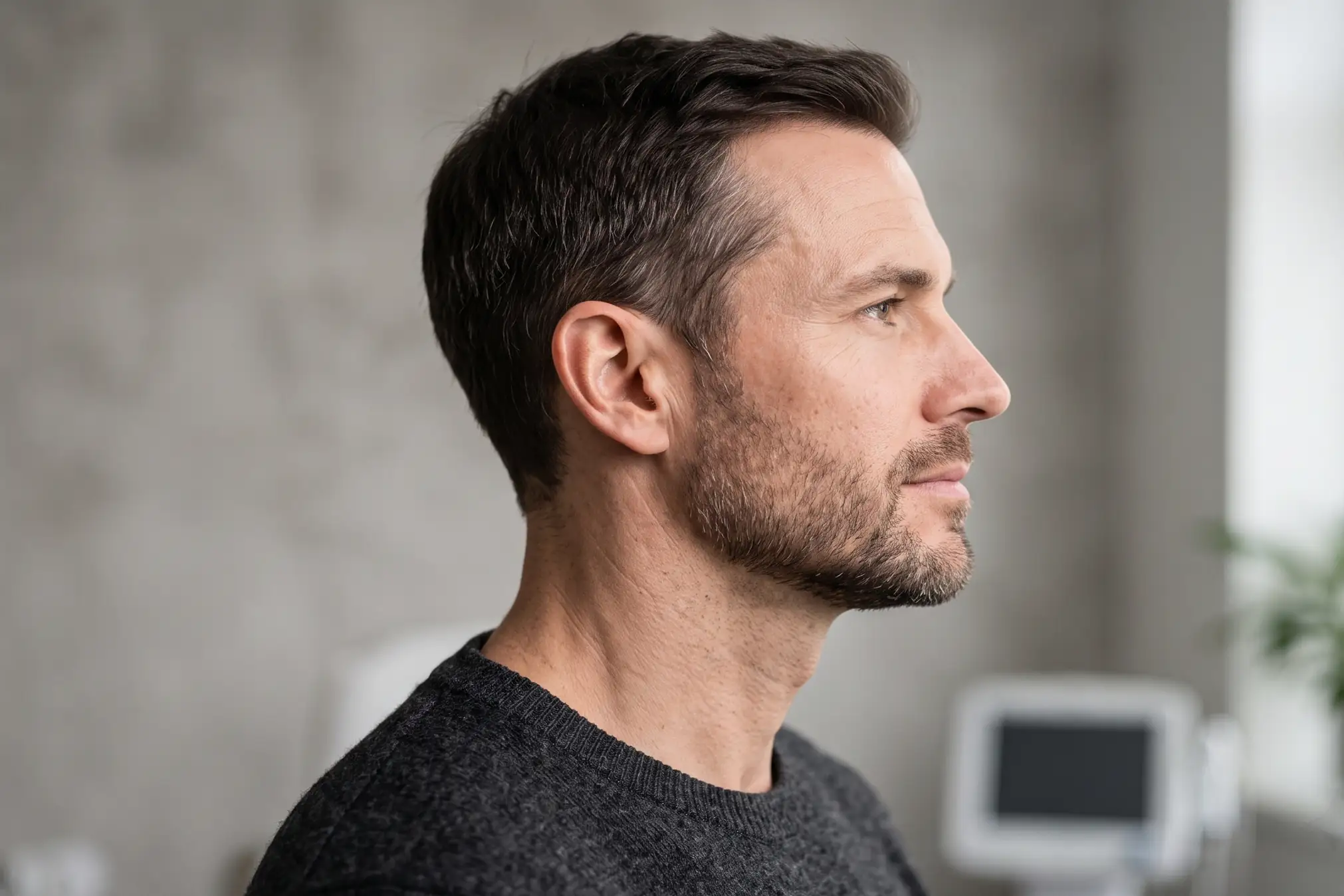 Man in profile with a defined jaw and neck line after neck liposuction in Tampa