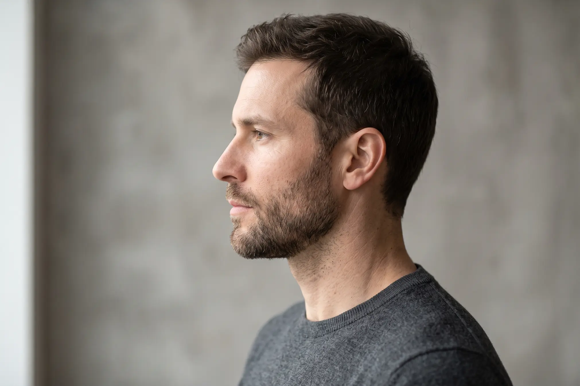 Man in profile with a defined jawline after correctly placed jaw filler in Tampa
