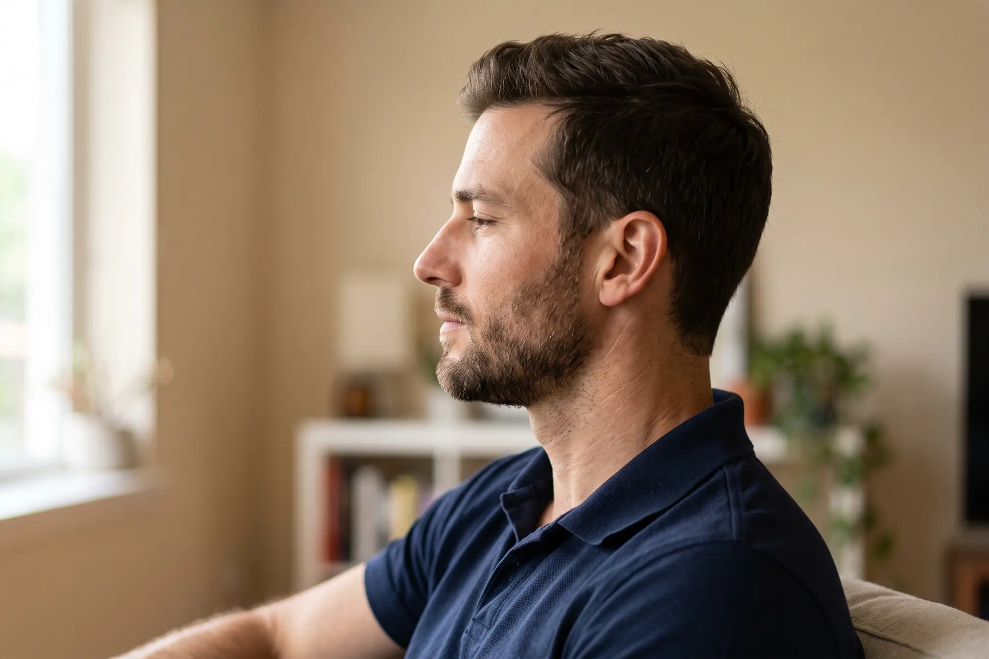 Man's profile showing a natural jawline filler result in Tampa