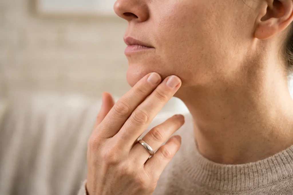 Patient checking under the jawline to feel a PDO thread after treatment