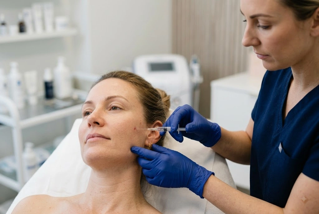 Provider placing PDO smooth threads under a patient's cheek during treatment