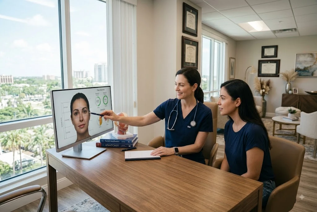 Surgeon reviewing facial balance with a patient before asymmetry correction in Tampa
