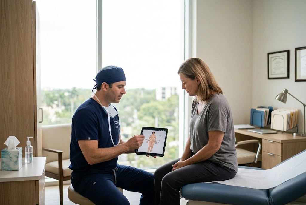 Surgeon reviewing a body contouring plan with a Town 'n' Country patient in Tampa