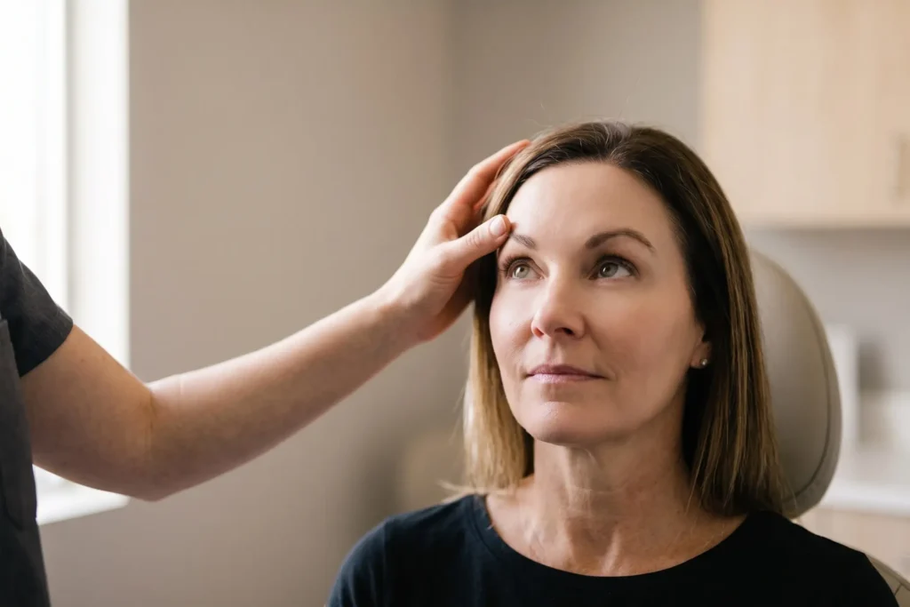Provider assessing brow movement before Botox in River Grove at Formation in Tampa