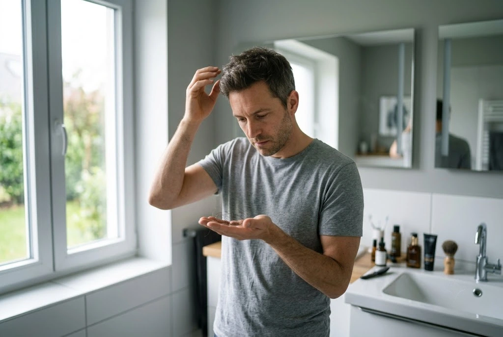 Man examining loose hair in his hand while wondering if PRP shedding is normal