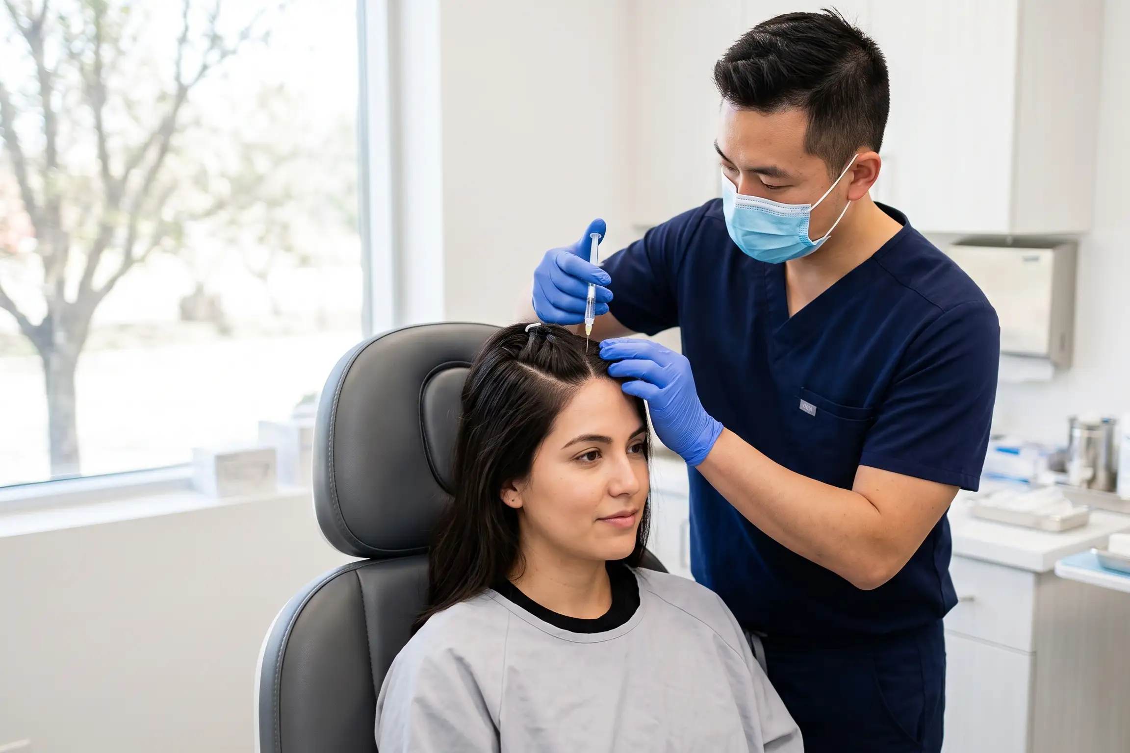 Clinician placing a PRP for hair texture injection into a patient scalp in Tampa