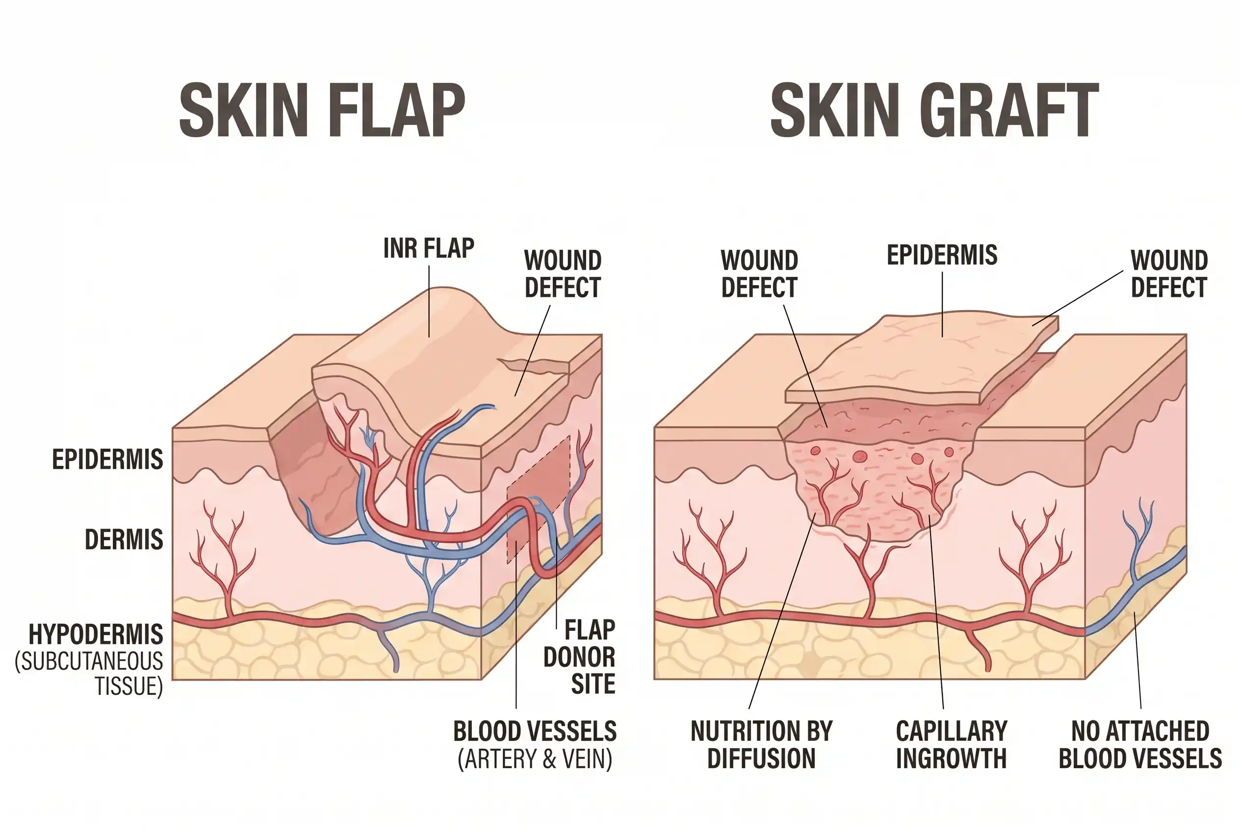 Diagram comparing a skin flap with attached blood supply to a skin graft